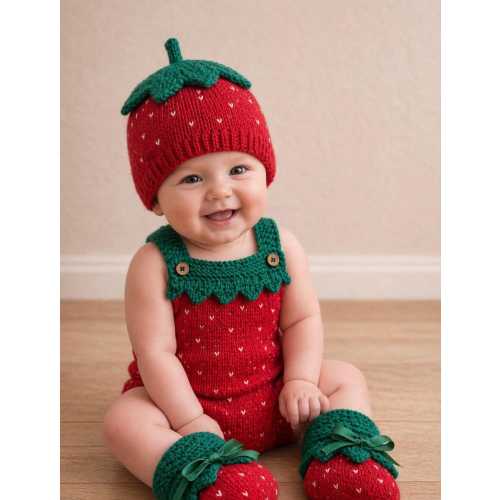 Strawberry Knit Romper, Beanie and Booties Set | Newborn Photo Outfit, Baby Shower Gift