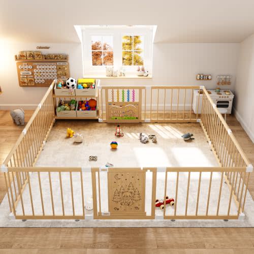 IKALIFE Large Wooden Baby Storage Playpen 11+3 Panels 70.9”×70.9” | Size Adjustable Play Yard for Babies and Toddlers, Baby Fence Activity Center with 4 Toy Storage Cases Play Pen