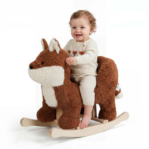 Jolie Vallee Baby Rocking Horse,Kids Ride on,Plush Animal Rocker,Wooden Base & Safety Belt for Ages 6+ Months,Fox,Brownish Red