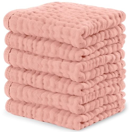 Comfy Cubs Muslin Baby Washcloths 6 Pack - Soft 6-Layer Cotton Wash Cloths for Sensitive Skin - 10"x10" Large, Gentle, Absorbent Infant Essentials for Newborn and Toddlers - Bold Blush