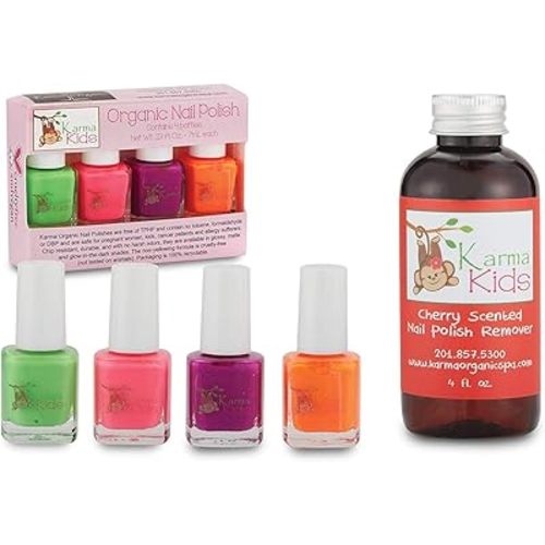 Karma Organic Natural kids nail polish remover Cherry Scented with Kids Box Set Clean Beauty, Vegan, Cruelty Free, Acetone free – Nails Strengthener for Fingernails – 4 fl. Oz.