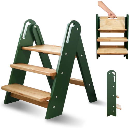 3 layer Toddler Step Stool for Bathroom Sink, Foldable Kids Toilet Potty Training Stool with Handles, Child Kitchen Counter Tower Helper Wooden,Green