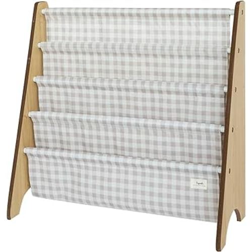3 Sprouts Recycled Fabric Kids Bookshelf – 4-Tier Sling Book Rack Organizer - Nursery Room Playroom Classroom Wooden Book Shelves - Kid Bookcase Wood Storage Shelf for Toddler Age 3+ - Gingham Beige