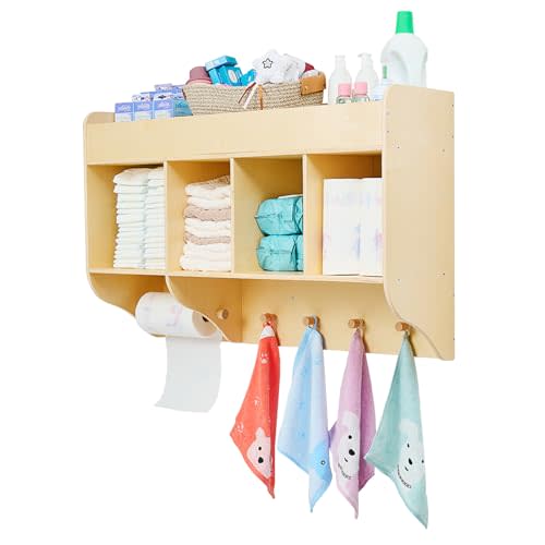 Monläurd® 100% Birch Diaper Organizer for Wall – Wooden Wall Mounted Storage Shelf for Nursery & Daycare, Baby Changing Table Organizer with Hooks & Towel Holder