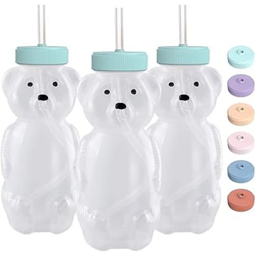 Honey Bear Straw Cups for Babies 3 pack, 8oz honeybear straw cup with improved safety lid design, Straw learning therapy cup. Leak-Proof & Food-Grade & BPA Free (AQUA)