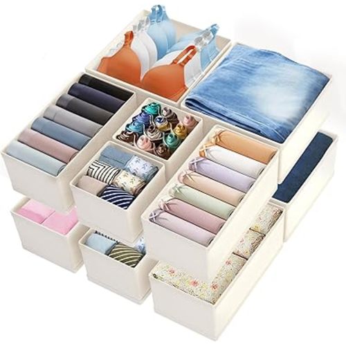 Drawer Organizer Clothes - Dresser Organizer for Baby Clothes, Underwear, Sock - Nursery Organization - Foldable Closet Organizatio Dividers for Bra, Belt, Tie (Beige, 12 Pack)