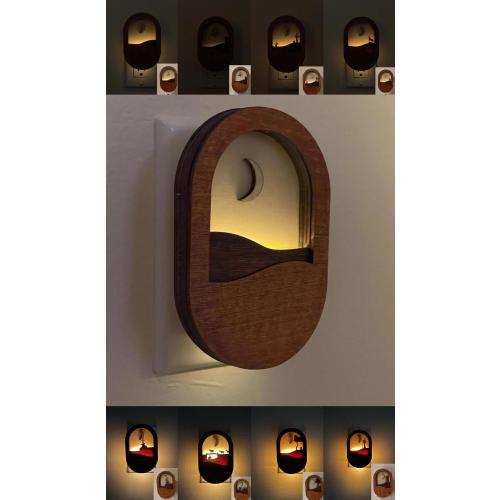 Moon Scene Wooden Night Light, Light Sensitive Auto-Dimming Wall Plug Night Light