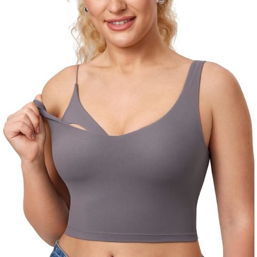 MOMANDA Women's Nursing Bras Longline Sports Breastfeeding V Neck Sleeveless Crop Tank Top with Built in Bra