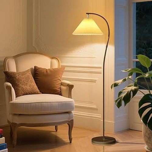 Modern Black Arc LED Floor Lamps, Bright 12W Three-Color Dimming, 14 Inch Pleated Lampshade, Living Room Corner Bedroom Bedside Office Standing Reading Lamp, Farmhouse Decoration, Warm Mood Lighting