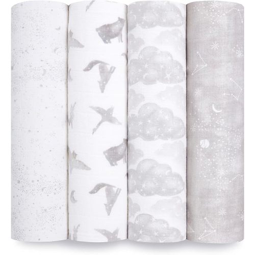 aden + anais Boutique Organic Swaddle Blanket 4-Pack – 100% Organic Cotton Muslin, Large, Soft, Breathable Receiving Blankets for Infants – Lightweight Multi-Use Baby Swaddles, Map The Stars