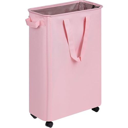 efluky Slim Laundry Hamper with Wheels, Rolling Laundry Basket for Clothes, Small Laundry Basket for Bedroom, Dorm and Laundry Room, 60L (12.7 Gallons) Pink