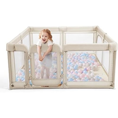 Baby Playpen for Babies and Toddlers, 59 x 79in Large Playpen with Double Door, Full Steel Frame & Oxford Fabric, 0-24 Months Safe Play Area for Infant and New Parents(Khaki)