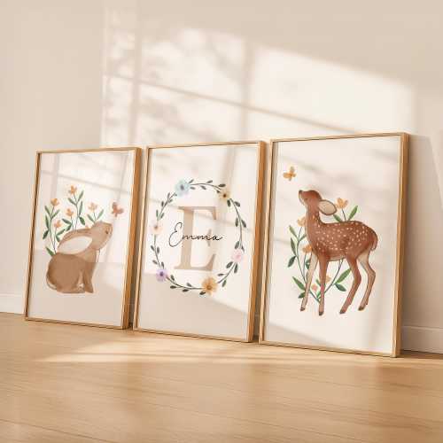 Woodland Nursery Prints, Baby Girl Nursery, Set of 3 Prints, Girls Bedroom Prints, Wildflower Print, Girls Wall Art, Forest Playroom Decor