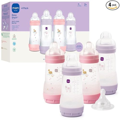 MAM 9oz Easy Start Anti-Colic+ Wide Neck Baby Bottle, Medium Flow Breastfeeding-Like Nipple, Reduces Colic Gas & Reflux, Easy to Clean, BPA Free, 2+ Months, Made in Europe, Bonus Fast Flow Nipple