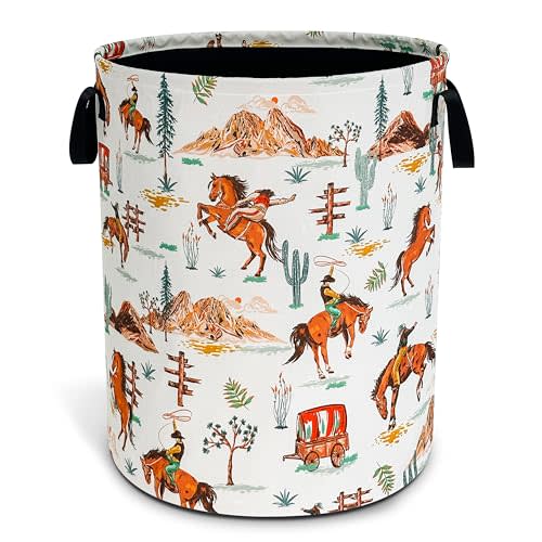 Western Cowboy Laundry Basket Horse Riding Foldable Waterproof Oxford Cloth Funny Tote Bag Laundry Hamper Clothes Storage Bucket Toy Organizer For Bathroom/Laundry Storage/Bedroom 18.9x16.5 Inch