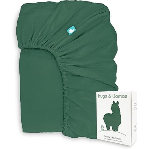Hugs & Llamas | 100% Organic Cotton Muslin Fitted Crib Sheet | Baby Crib Sheets for Boys & Girls - Neutral (Meadow Mist)