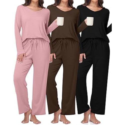 3 Pack Women's Pajama Set Long Sleeve Pajamas Top and Pants Soft V Neck Pjs Set Loungewear with Pockets