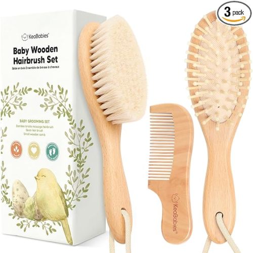 Baby Hair Brush Set for Newborns - Soft Goat Bristle Wooden Baby Brush and Comb Set Newborn Grooming Kit for Cradle Cap, Durable & Gentle, Boy, Girl Infant Essentials Care Kit (Oval, Walnut)
