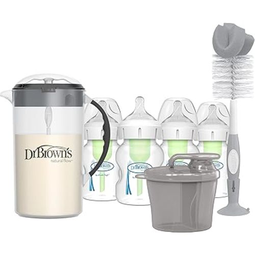Dr. Brown’s Wide-Neck Baby Bottles 5 oz/150 mL, 4 Pack, with Travel Formula Dispenser, Formula Mixing Pitcher, and Reusable Sponge Baby Bottle Cleaning Brush, Grey