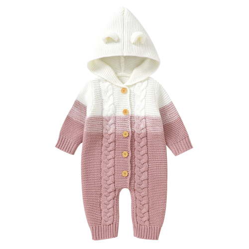 FYMNSI Newborn Baby Girl Boy Hooded Romper Infant Button Down Knitted Jumpsuit Fall Winter Clothes 0-3 Months Pink