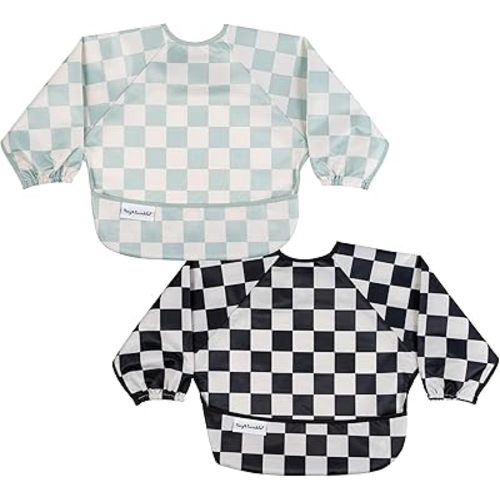 Tiny Twinkle Long Sleeve Bib for Babies & Toddlers – 2 Pack Waterproof Smock Bibs for Eating – Machine Washable & Mess-Proof, Baby Feeding Essential & Shower Must-Have (Black,Sage Checkers, 6-24M)