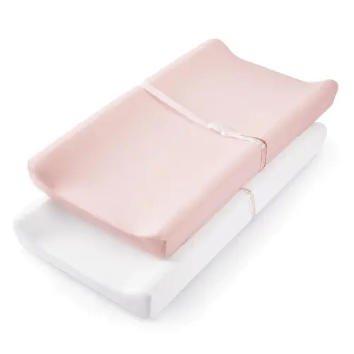 TILLYOU Changing Pad Cover Set in Soft Jersey Material - Fits 32"/34''x16 Contoured Pad for Babies,Peachy Pink & White