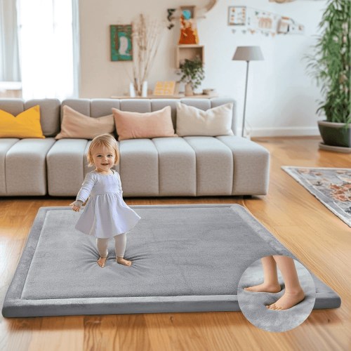 Ultra Soft 1.3" Thick Baby Play Mat for Floor, Large Velvet 50x50 Playpen Mat, Baby-Safe & Non-Slip Tummy Time Mat, Crawling Mat for Babies, Toddlers, Infants, Kids, Easy Care, 50"x50", Gray