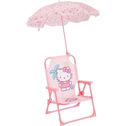 Sanrio Hello Kitty Kids Outdoor Folding Beach Chair with Umbrella,Portable Camp Chair for Ages 3+, Lightweight & Compact for Beach, Camping, and Backyard