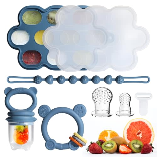 Baby Fruit Food Feeder & Breastmilk Popsicle Molds for Teething Relief, Baby Feeding Sets, 1 Freezer Tray with Lid & 1 Teether Toy & 1 Silicone Teething Pacifier Feeder, Extra Food Pouches (Blue)