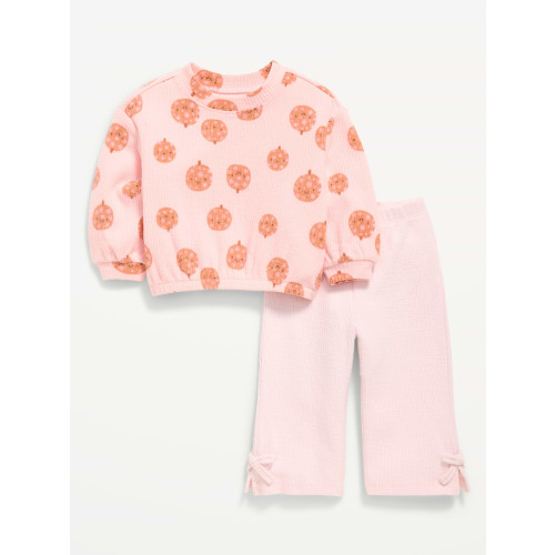 Printed Ribbed Sweatshirt and Wide-Leg Pants Set for Baby