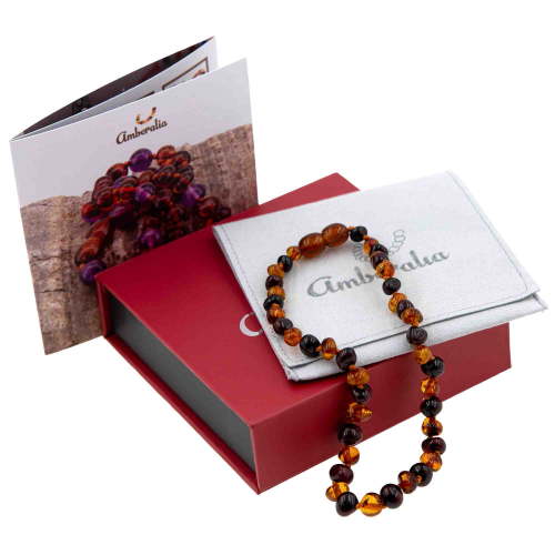 11-inch Amberalia Amber Infant necklace, imported from Lithuania. Certified Baltic Sea amber with gift box, customized message, and engraved storage linen bag included.