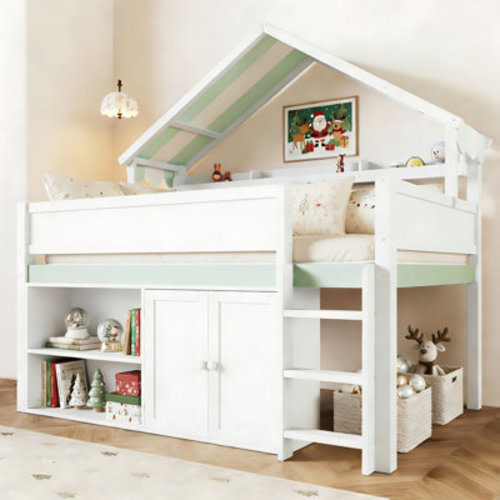 Latitude Run® Full Size Wooden House Shaped Loft Bed With Built In Cabinet ,Canopy And Open Storage Shelves | Wayfair