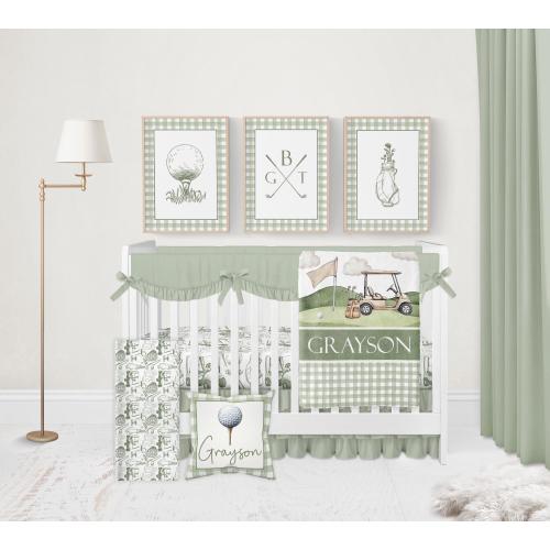 Baby Boy Crib Bedding Set, Golf Baby Bedding Crib Sets Boy, Gingham Nursery Bedding, Vintage Golf Nursery Decor Boy, Sage Green Crib Bedding