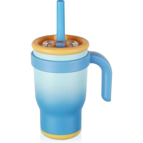 14oz Toddler Sippy Cup Vacuum Insulated Stainless Steel Kids Cup with Handle, Spill-Proof Straw, Leak-Proof Travel Cup for Home or On-the-GoCup (Blue White)