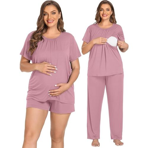 SWOMOG Women 3Pcs Maternity Pajama Set Nursing Pjs Pregnancy Set Breastfeeding Pjs Double Layer with Pockets