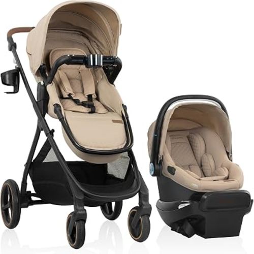 Evenflo Shyft Intuiti+ Travel System featuring Revolve180 LiteMax NXT Rotating Infant Car Seat with SensorySoothe & SensorSafe - Travertine