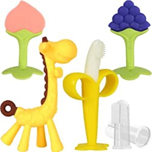 HAILI Baby Teething Toys, Silicone Baby Teether Freezer BPA Free, Soothe Babies Teething Relief Sore Gums, Banana Finger Toothbrush, Fruit Shape Giraffe Teether Set for Infant Boys and Girls