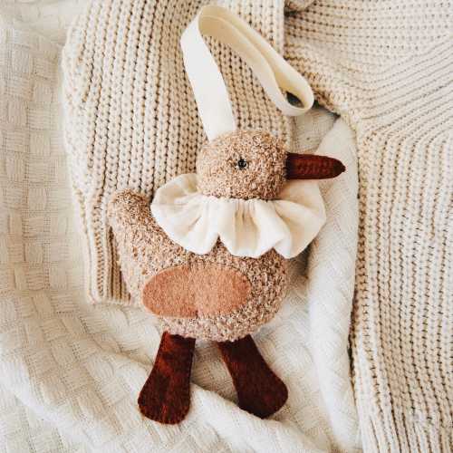 Personalized Boucle Goose Stroller Toy: Hand-Stitched Nursery Decor
