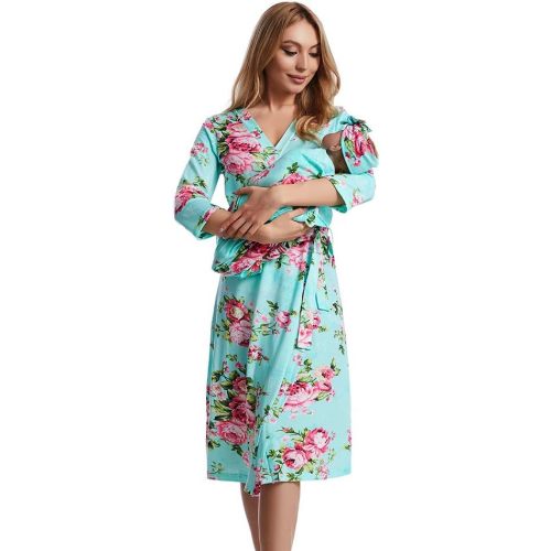 Galabloomer Flower Maternity Robe and Baby Receiving Blanket, Matching Mommy Labor Delivery Robe and Swaddle Set (US, Alpha, Large, Regular, Regular, aqua)
