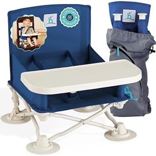 Hiccapop OmniBoost Travel Booster Seat with Tray for Baby | Folding Portable Baby Booster Seat for Dining Table, Camping, Beach, Grandma’s | Tip-Free Design Straps to Kitchen Chairs - Booster Chair