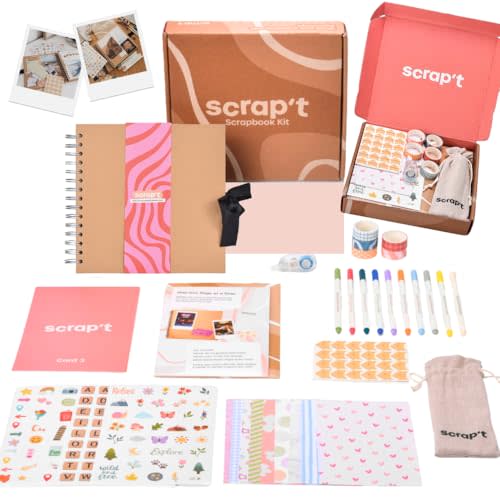 Scrapbook Kit - 80 Page Photo Album DIY Scrapbook - Holds 300+ Photos, with Metallic Pens, 150+ Stickers, Glue Pen, Washi Tapes, Backing Paper, Photo Corner Stickers (Starter Kit - 8 x 8 Inch, Kraft)