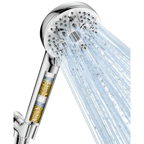 6-Setting Filtered Handheld Shower Head, JDO High Pressure Shower Head with Replaceable Filter Cartridge 4.7 Inch Detachable Showerhead for Chlorine Hard Water Removal 59 Inch Stainless Steel Hose