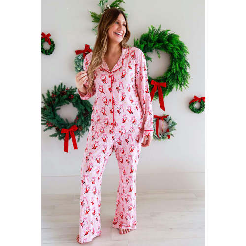 Women's Christmas Two-Piece Flare Lounge Set in Jolly Ribbons | Caden Lane