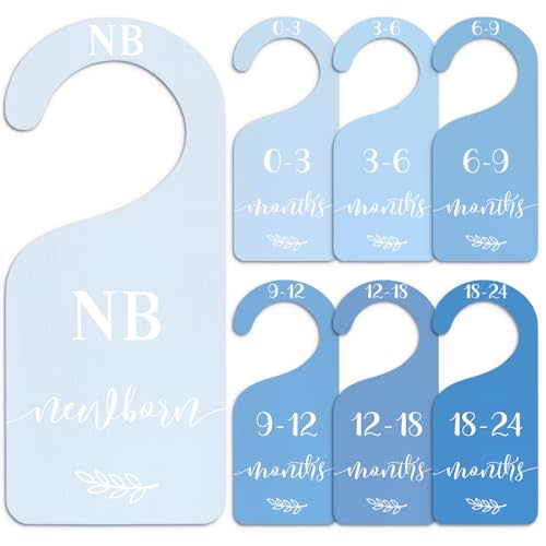 Whaline 7 Pcs Blue Wood Baby Closet Size Dividers with Velvet Bag Newborn to 24 Month Thicken Infant Wardrobe Hanger Organizers for Home Nursery Party Favors Supplies