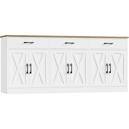HOSTACK 71" Large Sideboard Buffet Cabinet with Storage, Farmhouse Coffee Bar Cabinet with 3 Drawers, Long Kitchen Buffet Table, Kitchen Sideboard Storage Cabinet for Dining Room, Living Room, White