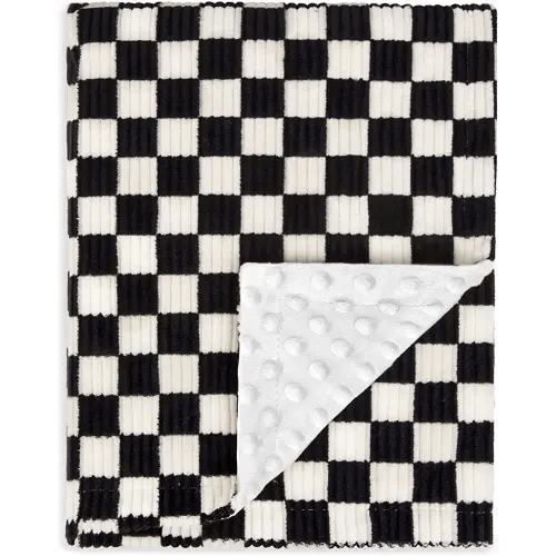 Baby Blanket for Boys Comfy Durable Corduroy Toddler Blanket with Double Layer Dotted Backing Checkerboard Grid Chessboard Gingham Warmer Bed Blankets for Newborn Infants Black, 30x40 Inches
