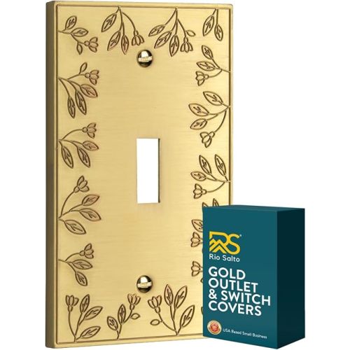 Rio Salto Gold Light Switch Cover Plate Toggle Brushed Gold Switch Plate Metal Decorative Floral Wall Plates Flip Switch Cover — Floral Collection, Midsize 5.00" X 3.13"