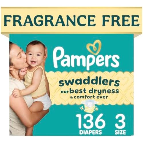 Pampers Swaddlers Diapers, Size 3 (13-26 lbs), 136 Count, Fragrance Free, Hypoallergenic, Absorbent, Pediatrician Recommended, Skin Safe