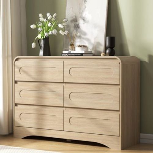 SOLACE FURNITURE 47" Wide 6 Drawers Dressers, Dresser Curved Profile Design for Bedroom Oak