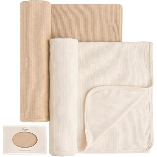Konssy Knit Baby Blanket 2 Pack, Soft Ribbed Swaddle Receiving Blankets for Boys & Girls, Lightweight Cozy Swaddling Wrap for Newborns, Infants, & Toddlers, 33x42 Inch (Camel, Beige)